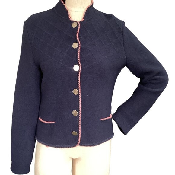 VTG Bayern-Walk Pure Wool Lady Jacket/Cardigan Navy Blue & Pink M #260C - Picture 1 of 12